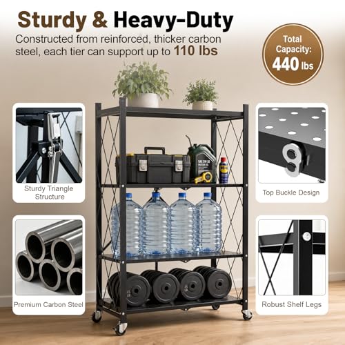 Image of 4 Tier Foldable Metal Storage Shelves on Wheels No Assembly