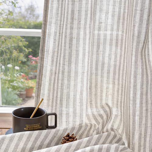 Image of jinchan Linen Curtains 96 inch Taupe Stripe on Linen Grommet 2 Panels