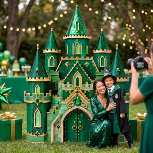 Image of Qunclay 4.5 ft Green Castle Cardboard Cutout Halloween Wizard Party Decoration Life Size Witch Theme Photo Booth Prop Standee Stand up 3D Display Backdrop Decor for Birthday Halloween