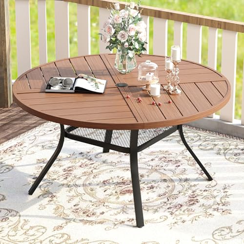 Image of VICLLAX Round Patio Table with Adjustable Umbrella Hole for 6, All Weather Metal Outdoor Dining Table for Lawn Garden, 47.2 inch Outdoor Coffee Table, Walnut Wood-Like Tabletop