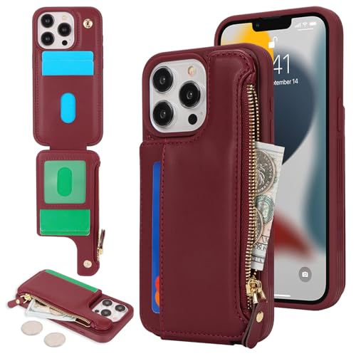 Image of Cavor for iPhone 13 Pro Case with Card Holder,for iPhone 13 Pro Wallet Case for Women Men,Leather Magnetic Clasp Zipper Pocket Protective Phone Cover-Wine red