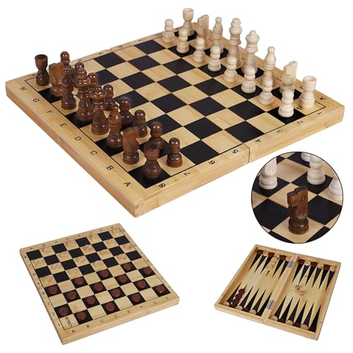 TOWO Bois 3-en-1 Échiquier Jeu d'Échecs Jeu de Dames Ensemble de Backgammon - Jeux en Bois...