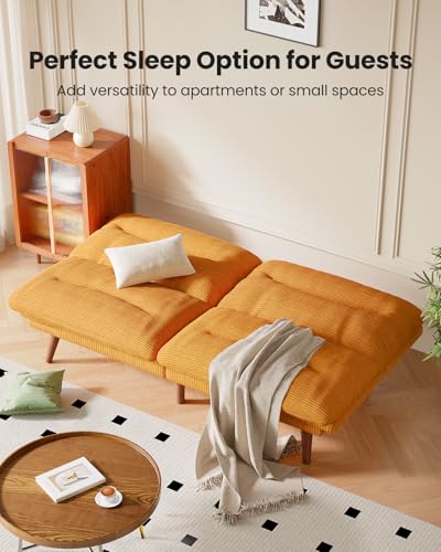 Image of 66″Futon Sofa Bed,3-in-1 Futon Couch w /Adjustable Backrest & Armrests, Convertible Sleeper Sofa Bed, Small Folding Sleeper Recliner w /Removable Cushion for Apartment, Living Room,Office (66in,Yellow)