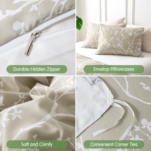 Image of Lekesky Queen Size Duvet Cover Set, Reversible Duvet Cover Queen with Branch Pattern, Lightweight Soft Microfiber Comforter Cover, 3 Pieces Khaki Bedding Set with Zipper and 2 Pillowcases