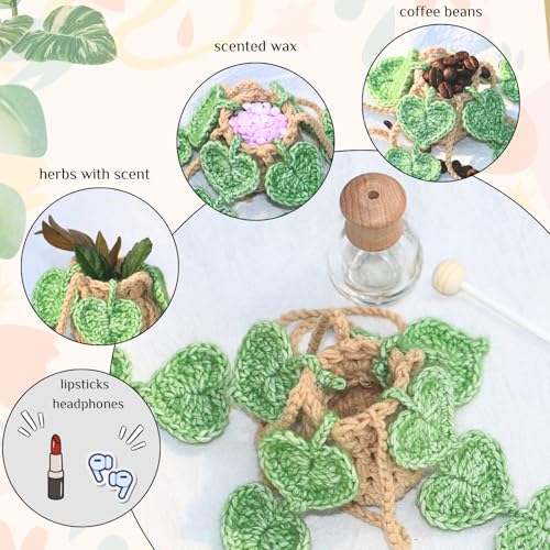 Image of ROFIGL Handmade Crochet Hanging Car Air Freshener- Lifelike Green Pothos for Hanging with 12ml Thick Refillable Glass Diffuser Bottle, Suitable Decor for Car Rearview Mirror, Home & Wellness Spaces