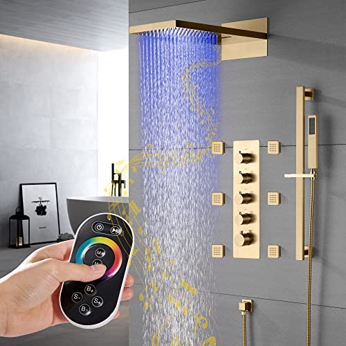 Cascada ducha LED 9"x22" montada en pared con altavoces Bluetooth integrados, 4 funciones (Lluvia, Cascada, jets corporales y ducha manual) (Latón antiguo) miniatura 3