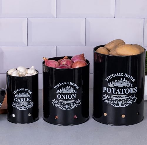 Image of Metallure Home Round Classic Kitchen Storage Containers | Set of 3 Metal Jars With Lid | Potato, Onion & Garlic (Food Safe) (Black)