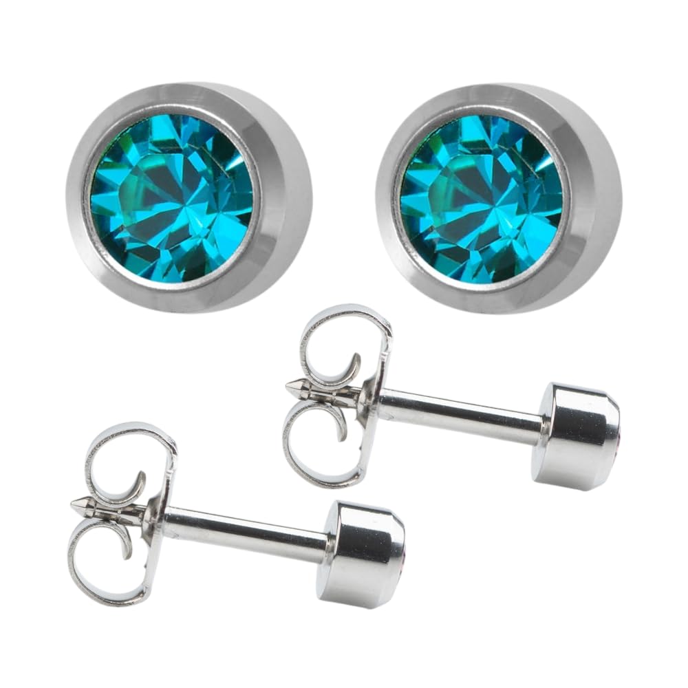 December/Blue Zircon Regular 4mm Stainless Steel Bezel Setting Ear Piercing Stud Earrings Birthstone