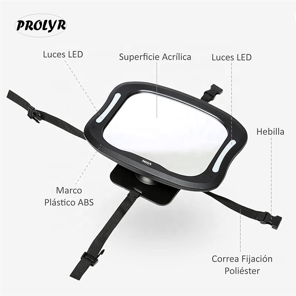 Espejo retrovisor coche bebé LED - Espejo asiento trasero coche para bebé, Luz LED, Seguro, Irrompible, Mando a distancia, Instalación rápida, Universal, Rotación 360°, Nuevo diseño (Negro)
