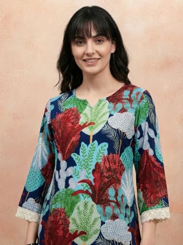 Image of Bee M Pee Designer Trendy Floral Printed Poly Rayon Cotton Kurta Coord Sets for Women | Stylish Casual Kurti Tunic Cord Set with Pant for Woman for Office
