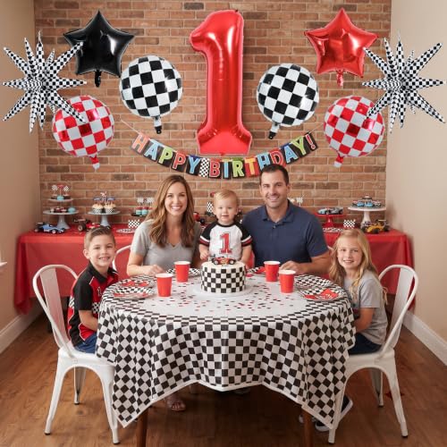 Image of TONIFUL Race Car Party Balloons Set - 40 Inch Red Number 1 Foil Balloon with Checkered Round, Explosion Star & Star Balloons for Boys 1st Birthday Car Themed Decorations, Photo Backdrop Supplies