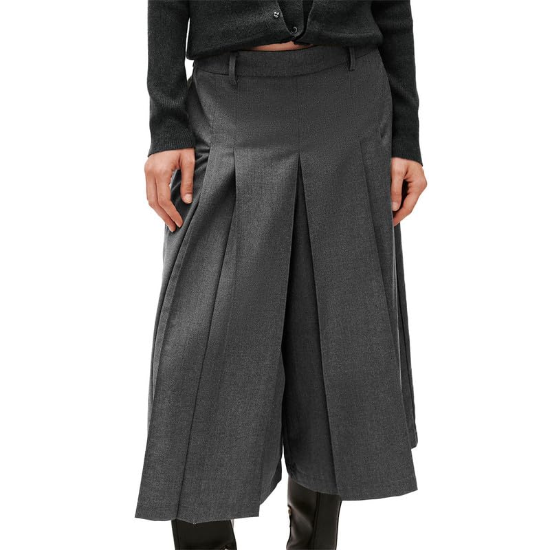 URBAN REVIVO Womens Wide Leg Capri Pants High Waist Pleated Trousers - Autumn Dark Gray Dressy Office