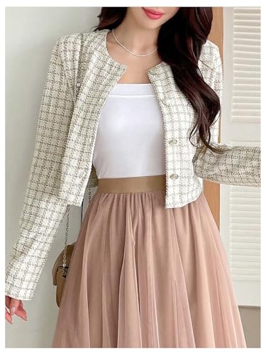 OYOANGLE Women's Plaid Button Down Tweed Jackets Long Sleeve Casual Crop Coat Outerwear3