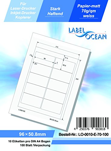 LabelOcean (R) 0010u00a0de S de 70u00a0u0096u00a0100u00a0u0096u00a0Etiquetas universales, 100u00a0hojas, 70u00a0g/mu00b2, papel de gran calidad