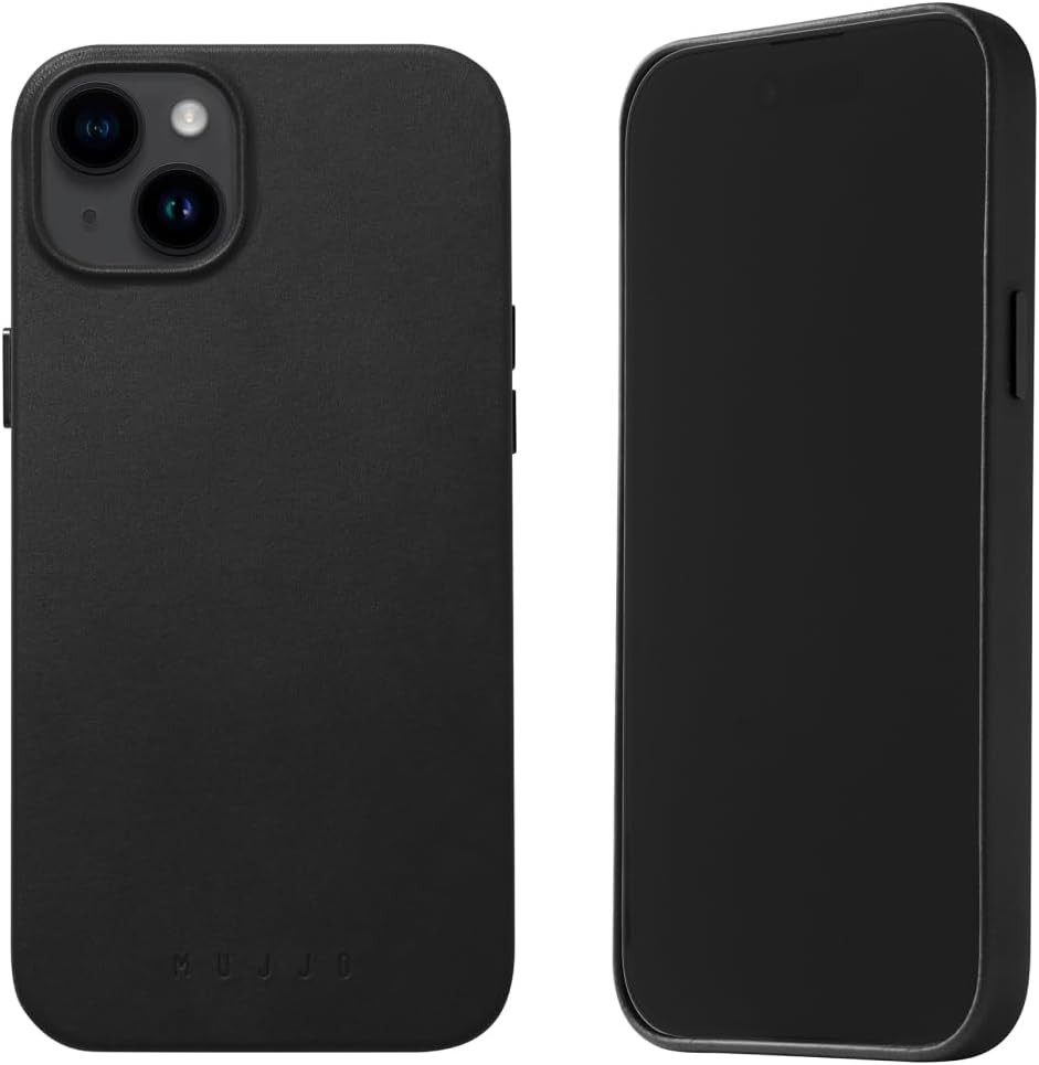 Mujjo Leather Phone Case - Fits iPhones 15 Plus and 14 Plus - MagSafe Compatible - Premium European Leather - Enhanced & Camera Lens Protection - Crafted with Recycled Materials - Slim Profile - Black