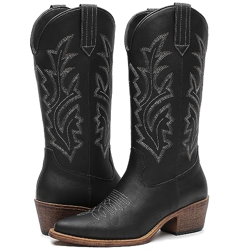 Image of GLOBALWIN Women's Mid Calf Western Cowboy Boots Cowgirl Boots for Women with Floral Embroidery Side Zipper Chunky Heel