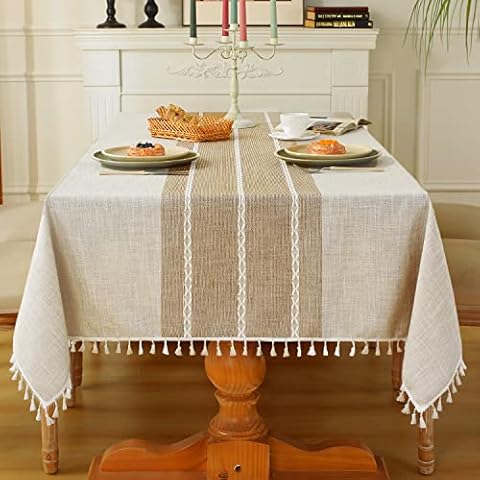 Laolitou Rustic Tablecloth Cotton Linen Waterproof Tablecloth Burlap Table Cloths for Kitchen Dining Cloth Table Cloth for Rectangle Tables Coffee Lines Rectangle,55''x70'',4-6 Seats Cover