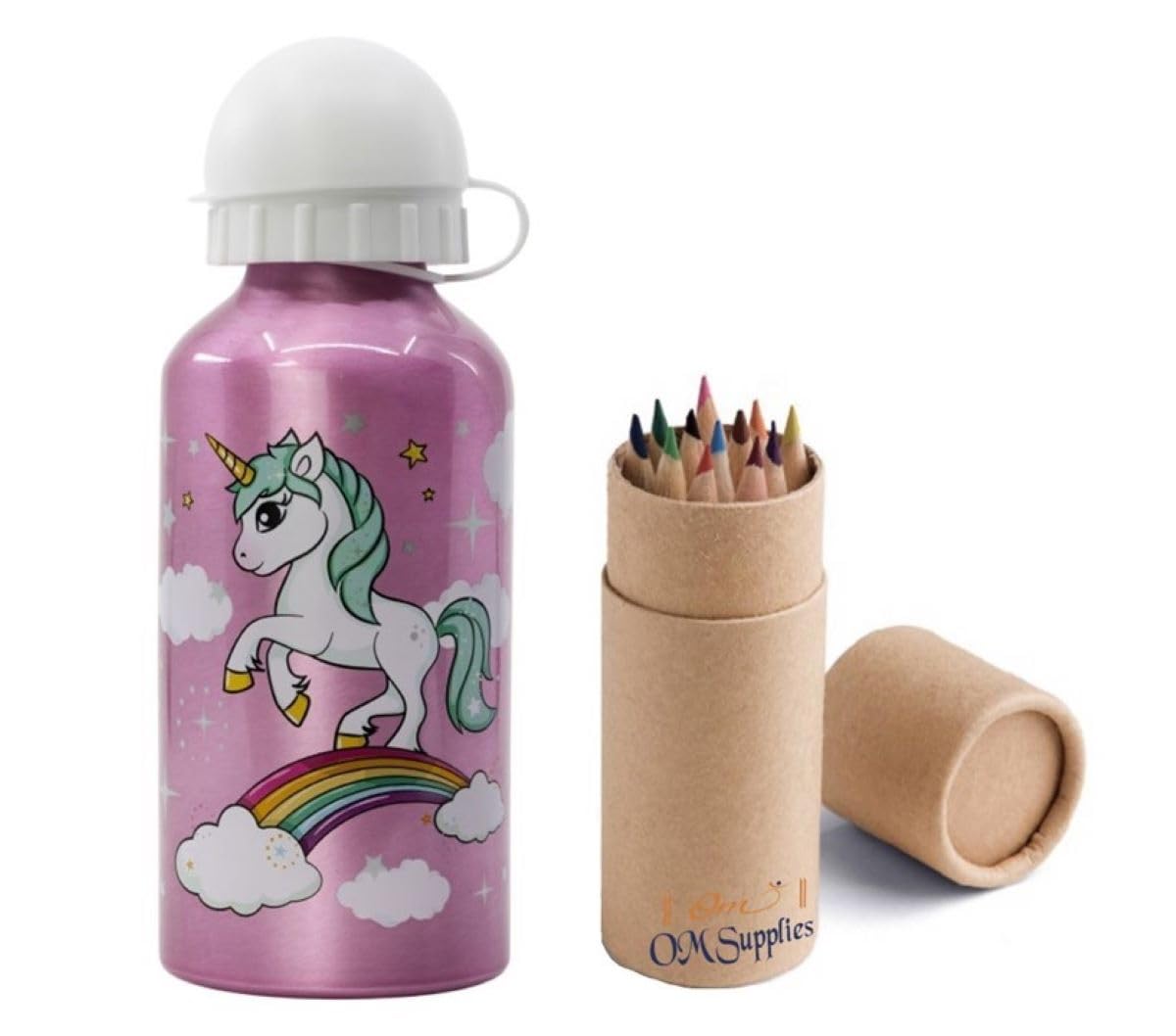 Om Supplies Unicorn Characters Aluminium Sports Bottle 400Ml - Holiday, Back To School Water Drinking Kids Lunch Children Includes Half Size 12Pcs (Unicorn)