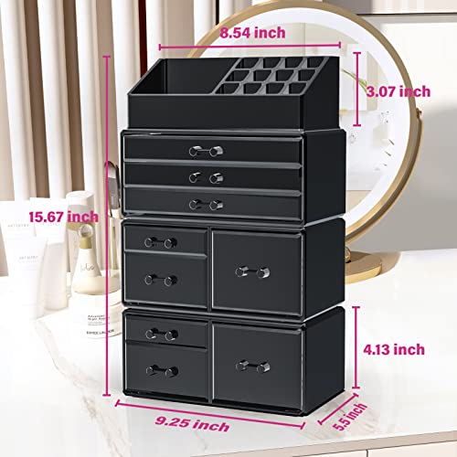 Dreamgenius Makeup Organizer 4 Pieces Acrylic Makeup Storage Box With 9 Drawers For Lipstick Jewerly And Makeup Brushes, Stackable Vanity Oragnizer For Dresser And Bathroom Countertop, Black #TOP6