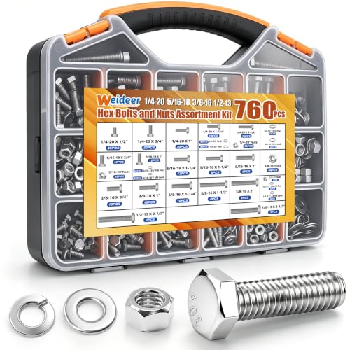 Image of weideer 760PCS 304 Stainless Steel Hex Bolts,1 /4-20 5 /16-18 3 /8-16 1 /2-13