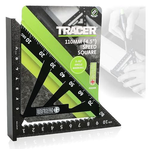 TRACER Speed Square 110 mm (4.5 pulgadas). Cuadrado de balsas con escalas métricas y de cadera y valle. Herramienta de marcado de techos y carpintería