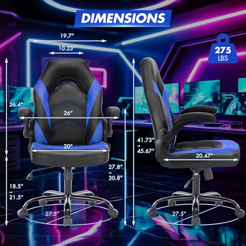 Image of Sweetcrispy Computer Video Game Desk Chair: Ergonomic Comfy Lumbar Support, PU Leather with Flip-up Armrest, Height Adjustable and 360 Swivel, for Adults, Black Blue