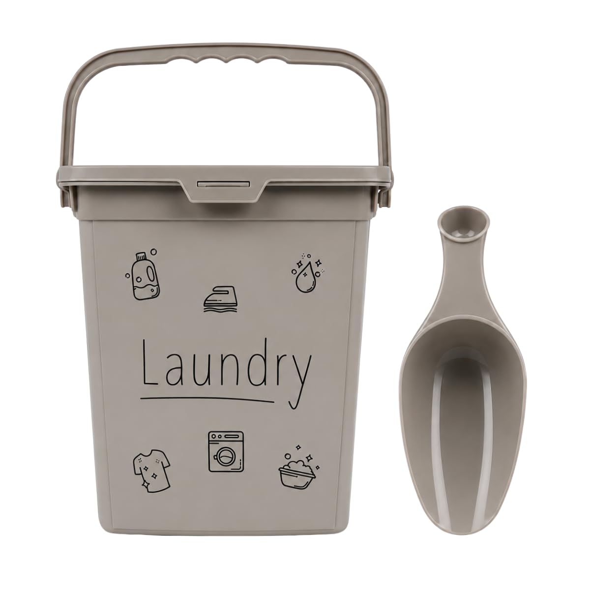 YöL Grey Laundry 6L Storage Box With Matching Scoop, Compact Washing Powder Container With Carry Handle, Utility Room Organiser For Detergent Pods, Scent Boosters, Pegs And Household Essentials
