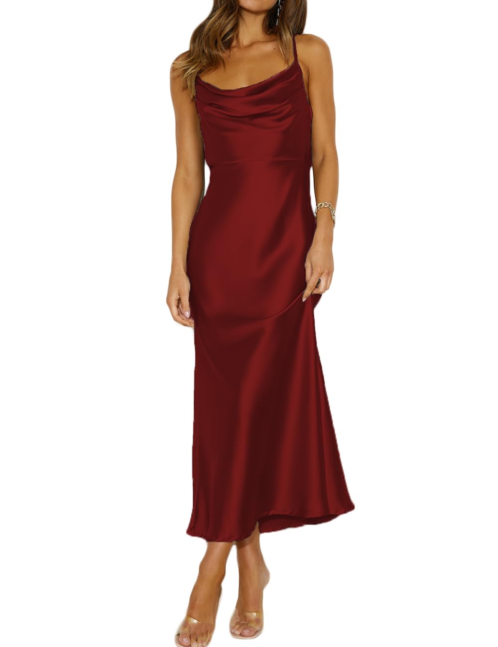 Mogidol Zomerse satijnen midi-jurk voor dames, met spaghettibandjes, losjes vallende halslijn, laag uitgesneden op de rug, elegante cocktailjurk met striksluiting en plooien, Bourgondy, XS