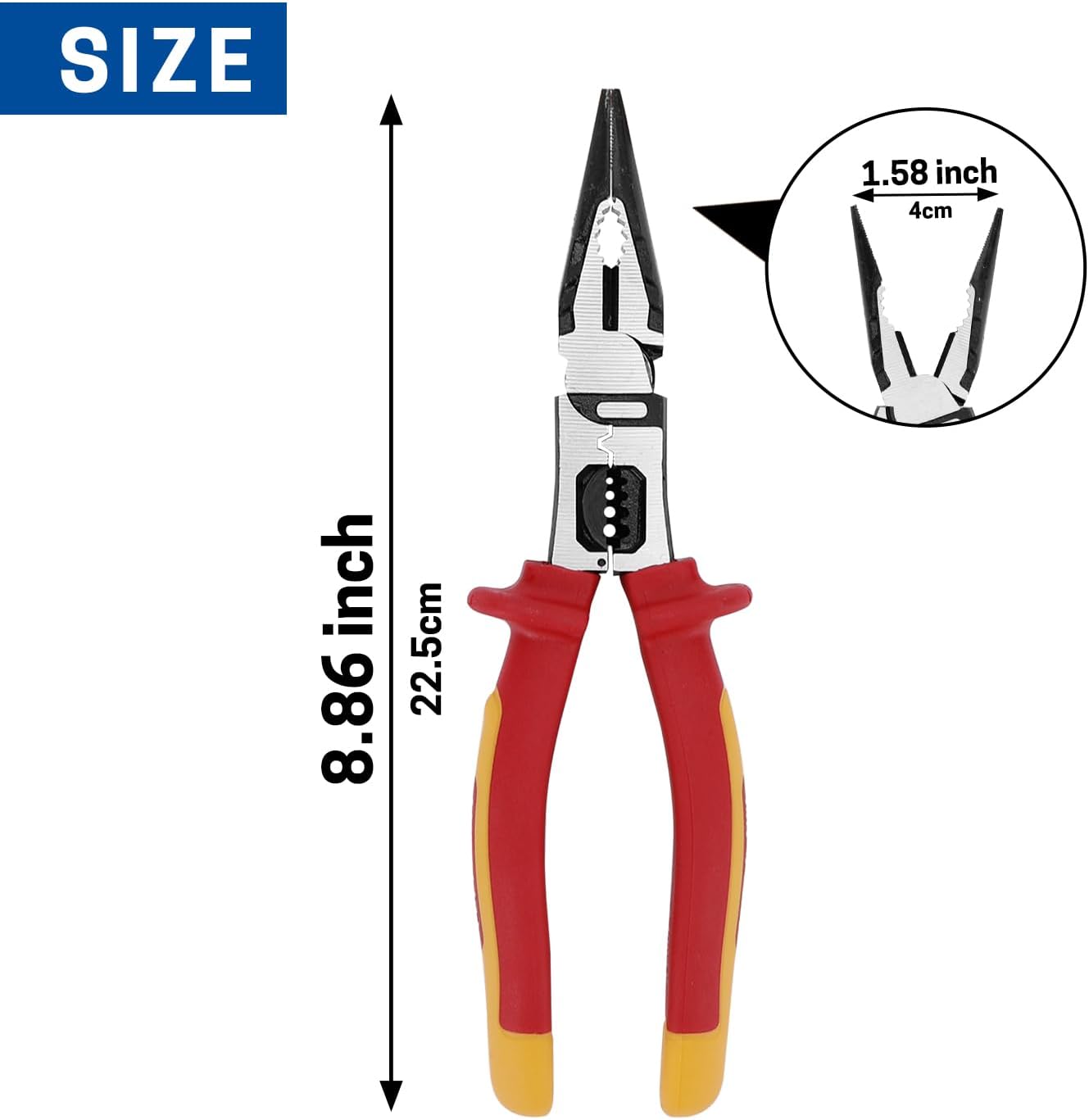 9 Inch 1000V Insulated Needle Nose Pliers, Multipurpose Insulated Long Nose Pliers with Wire Crimper/Stripper/Cutter, Heavy Duty Electrical Plier for Screwing, Crimping, Stripping, Shearing