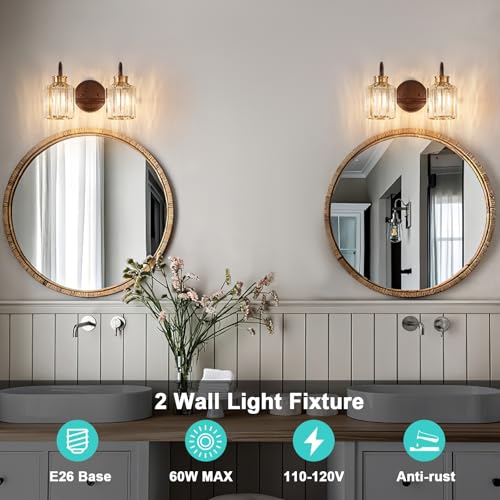 Image of ORB Bathroom Light Fixtures with K9 Crystal Lampshade Bathroom Lighting Over Mirror Vanity Lights for Living Room,Bedroom,Restroom,Hallway 2 Lights