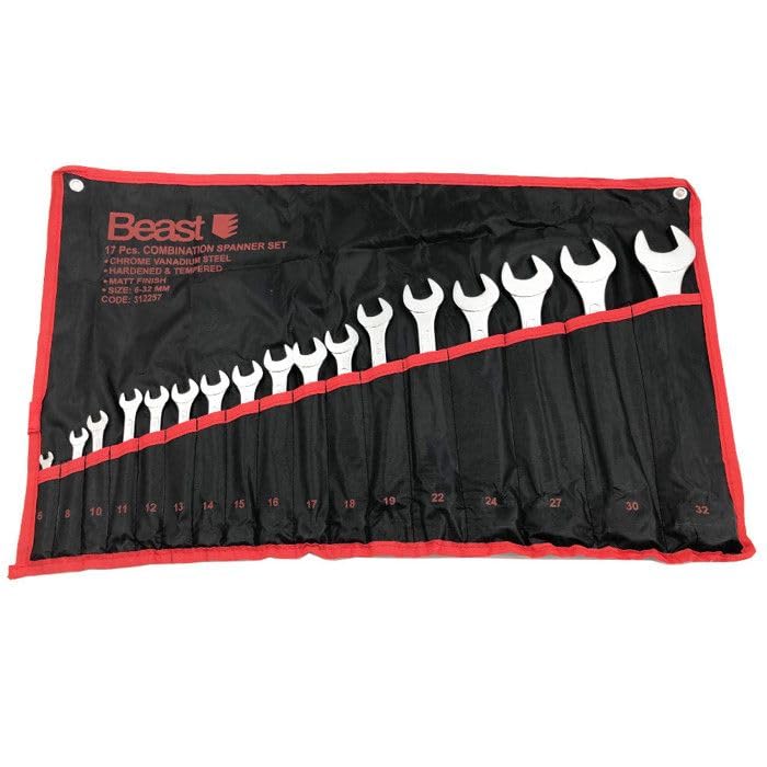 SIO Juego de Llaves Combinadas 6-32 mm 17 Piezas – Llaves Fijas y Estrella Chrome Vanadium – Set Profesional en Bolsa Organizador Numerada – Herramientas Mecánica, Taller, Automoción y Bricolaje