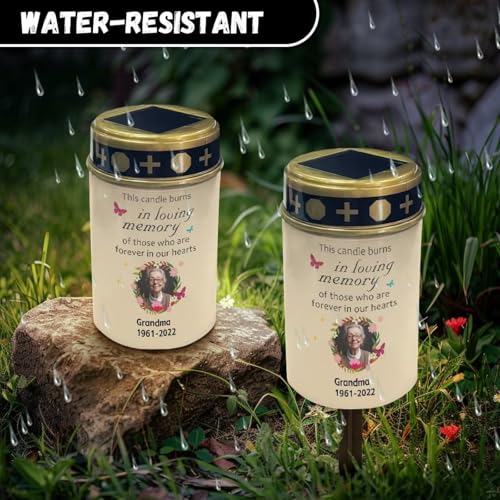Image of Personalized Photo Solar Grave Lights for Cemetery Solar Power Outdoor Flameless Candle Waterproof LED Candles Lantern Gravesite Decorations Memorial Solar Lights