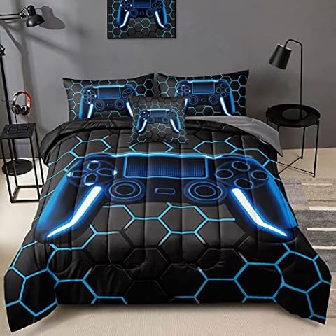 BDUCOK 6 Piece Gamer Comforter Sets Bed in A Bag for Boys Teen Kids,Honeycomb Gaming Bedding Sets Gamepad Comforter Microfiber Bed Set for All Season Gamer Home Decor(Blue,6 Piece Sets30022-Full) Cover