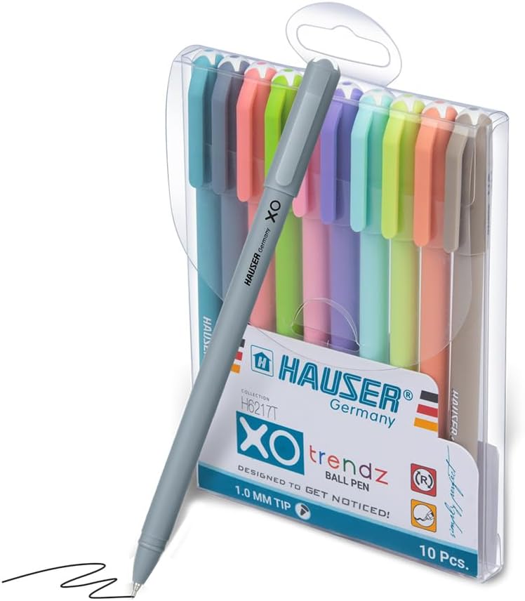 HAUSER XO Trends Ball Pen Set – 10 Assorted Colors, 1.00mm Tip, 11 x 1.2 x 15 Pack (Blue, Black, Red, Green, Orange, Pink, Light Green, Light Blue, Brown, Purple), School Supplies, Office Tasks