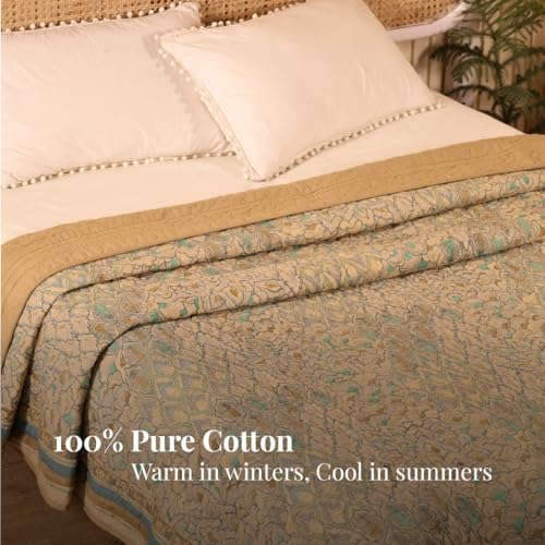 Image of Peepul Tree Hand Block Printed 100% Cotton Malmal AC Comforter 60 x 90 Inches, Best for Summers Lightweight, Soft, Breathable & Reversible AC Blanket for Single Bed, Ivory Taupe and Powder Blue