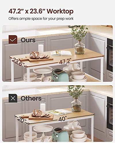 Image of VASAGLE Kitchen Island with 3 Shelves, 47.2 Inches Width Kitchen Shelf with Large Worktop, Stable Steel Structure, Industrial, Easy to Assemble, Oak Color and White UKKI001W09