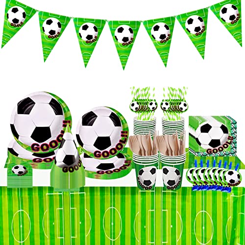 DONGQI Décorations de fête de Football, Fournitures d'anniversaire de Thème de Football pour Les Enfants, Y Compris Assiettes, Tasses, Serviettes, Nappe et Bannière, pour 16 Invités Cover