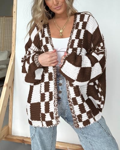 Image of BTFBM Casual Cardigan Sweater for Women Fall 2026 Long Sleeve Open Front Chunky Knit Sweaters Checkered Outwear Coat