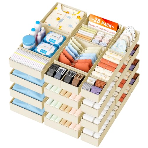 DIMJ Drawer Organizer Clothes 28 Pack - Foldable Baby Organizers and Storage & Closet Organizers for Bedroom, Closet - Nursery Organization Dresser Dividers for underwear, Sock,Bra, Belt, Tie,Beige