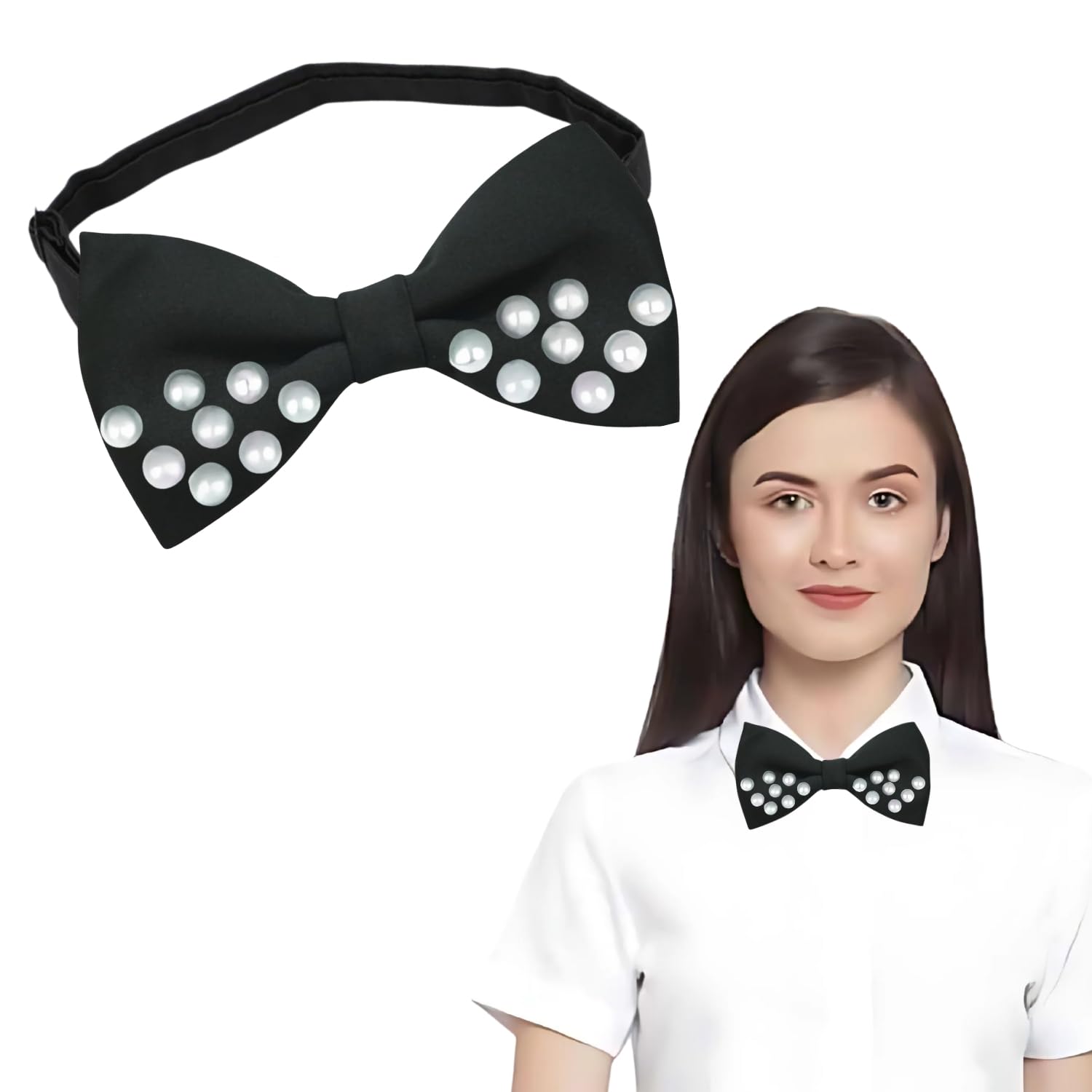 western era Elegant Bow Tie with Pearls | Stylish & Sophisticated Design for Men & Women | Handcrafted Pearls | Adjustable Comfortable Fit | Weddings, Parties, Events | Fashionable Accessory (Black)-picture-24