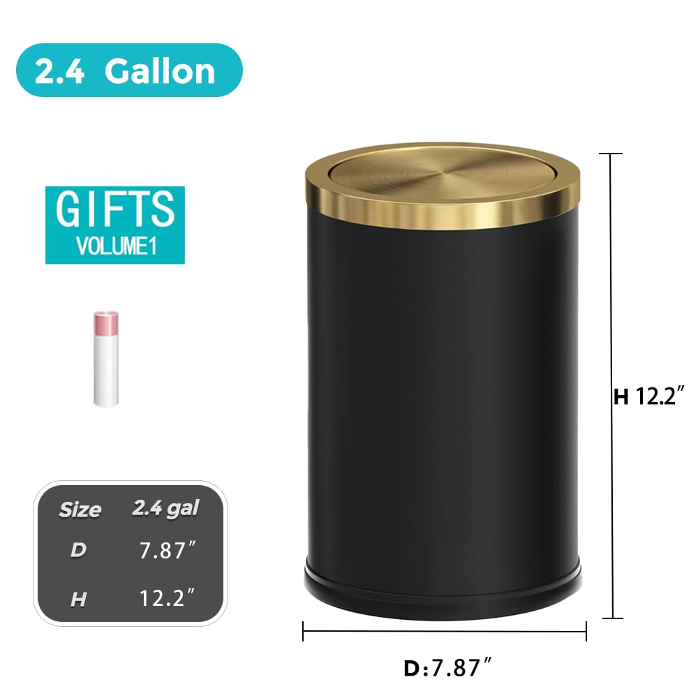 2.4 Gallon/9L Black and Gold Bathroom Trash Can Metal, Stainless Steel Wastebasket with lid, Brass Kitchen Garbage Can for Tolit Bedroom Powder Room Office Hotel (Black and Gold)