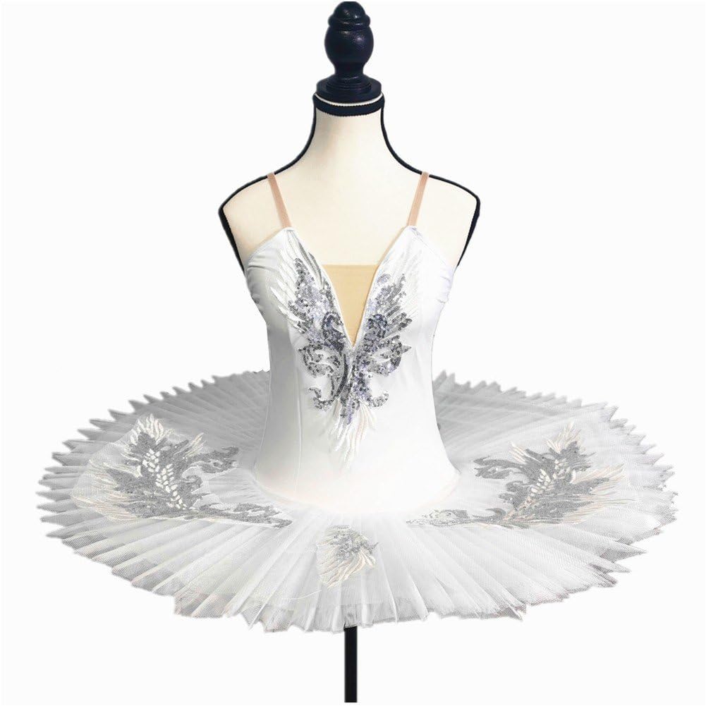 Abito Ballo, Costume Ballo del Lago dei Cigni, Body Balletto con Ricami di Paillettes, Gonna Balletto, Abito tutù a Pancake, Abbigliamento Ballo.