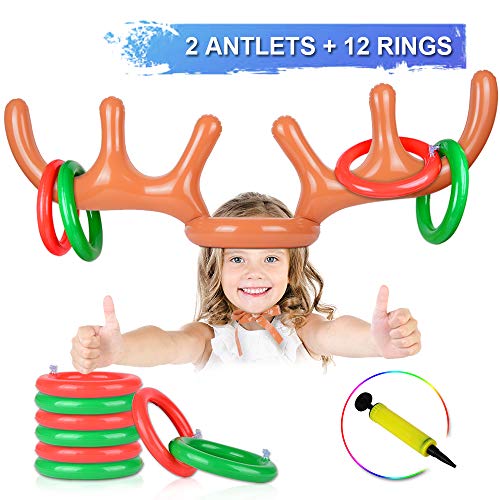 AniSqui 2 Set Aufblasbares Rentiergeweih-Spiel, (2 aufblasbares Geweih, 12-Ring-Rentier-Ringwurf) Aufblasbarer Rentier-Geweihhut mit Ringen, Familien-Weihnachtsparty-Spiele