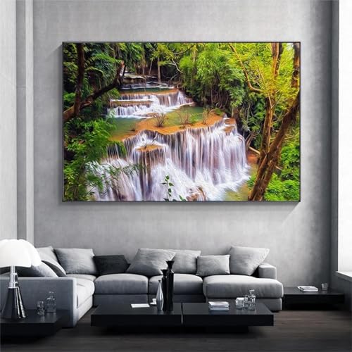 Arbre vert et lac en peinture sur toile pour décoration murale de chambre