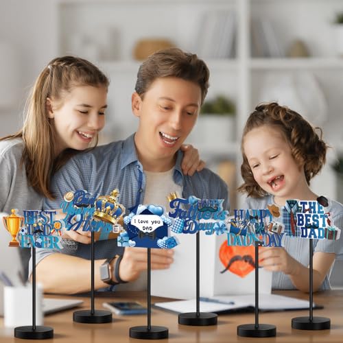 Image of Briwooody 6 Pcs Father's Day Table Decorations Happy Father's Day Wooden Table Centerpieces Best Dad Ever Signs Wood Tiered Tray Decor for Home Birthday Party Supplies Gifts