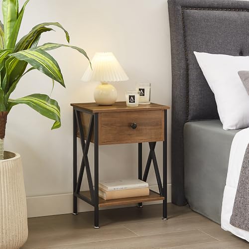Image of VECELO Nightstand,Modern Bedside End Table, Night Stand with Drawer and Storage Shelf for Living Room Bedroom, Industrial Metal Frame