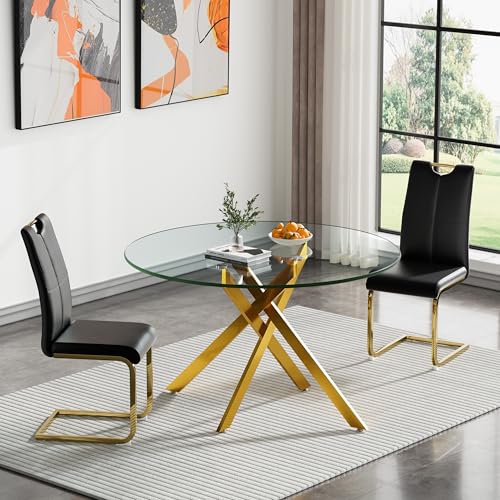 Maxtude Round Dining Table Set for 2, Modern 47.2" Circle Dining Room Table and Chairs Set, Gold Glass Kitchen Table with 2pcs Black Dining Chairs, 3 Piece Dining Set for Kitchen Living Room