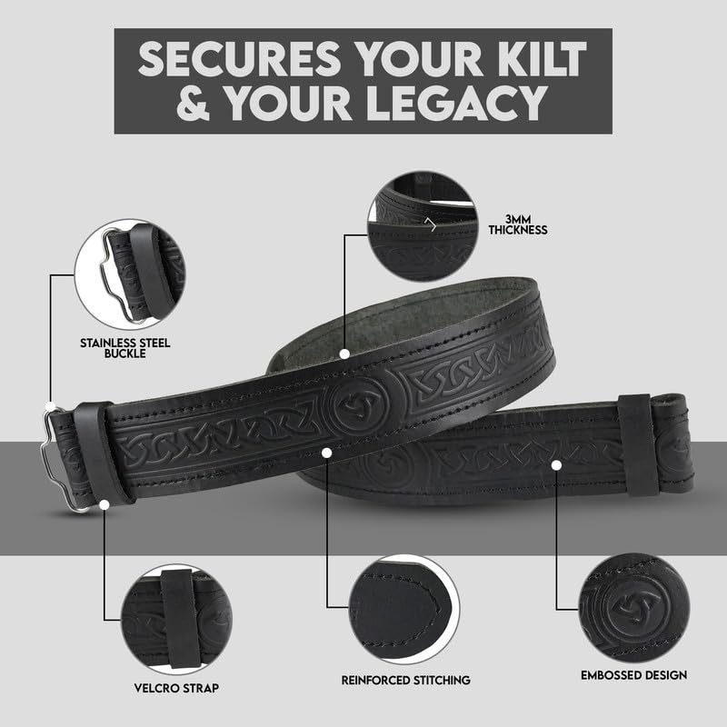 Men's Kilt Belt – 100% Leather with Embossed Celtic Designs, Adjustable Velcro Liner, Scottish Highland Kilts Belt3