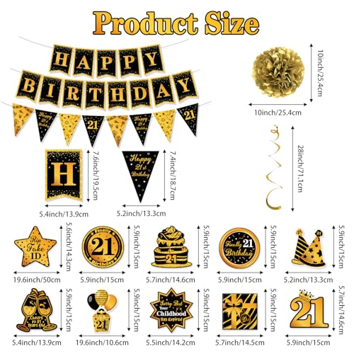 Image of 21st Birthday Decorations for Him - Black and Gold Happy 21st Birthday Banner with Hanging Swirls Streamers, Paper Pom Poms, Pre-Strung Party Decor Kit