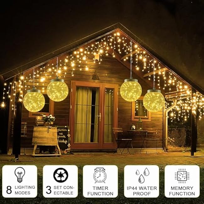 Led Garden String Lights,Hanging 7.94inch Waterproof Fairy Ball Lights, Copper Wire Globe Lights with Memory Timer Plug for Party Yard Porch Eave Patio Christmas Xmas Indoor Outdoor Decoration